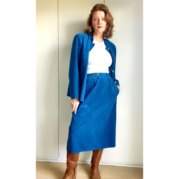Vintage 80s Ultra Suede Womens Suit Blue Union Made Skirt/Blazer Set Size Large - Picture 13 of 13